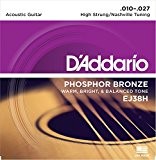 D'Addario Cordes en bronze phosphoreux pour guitare acoustique D'Addario EJ38H, accordage High Strung/Nashville, 10-27