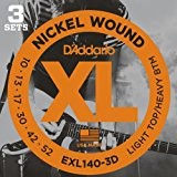 D'Addario Cordes en nickel pour guitare électrique D'Addario EXL140-3D, Light Top/Heavy Bottom, 10-52, 3 Jeux