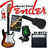Guitare électrique FENDER SQUIER original Bullet Strat SUNBURST + 60 W, amplificateur, housse, accordeur, trépied, câble, trémolo + Guitare : Sonny S ...