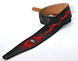 Sangle pour guitare électrique ou acoustique basse en cuir noir avec design oriental Rouge brodé par Clearwater