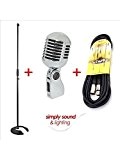 Simply Sound Microphone Rétro Vintage Années 50 Argenté + Support pour micro et câble de 6 m